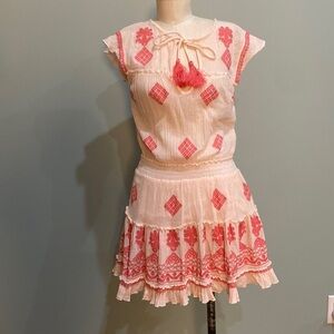 Guadalupe‎ Peach Embroidered Tassel Tie Gauze Mini Dress